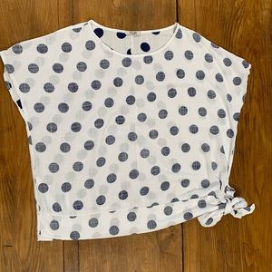 White with blue polka dot linen type top